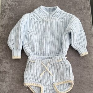 Livly Swidish Cozy Blue Knit Baby Sweater and Shorts Set size 3-6 months